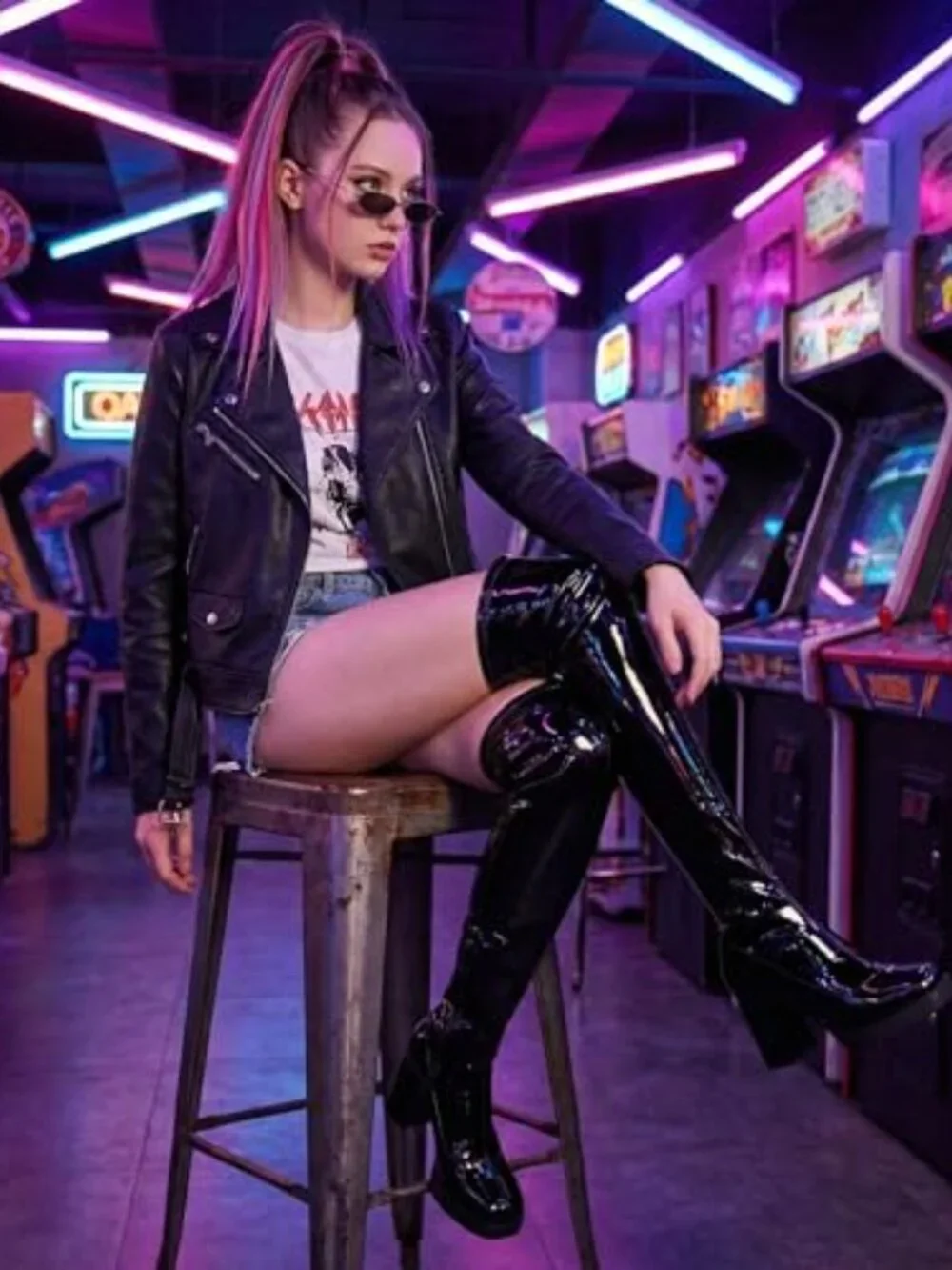 Platform Thigh High Boots GoGo Square Toe Chunky Heels Patent Leather PU Over